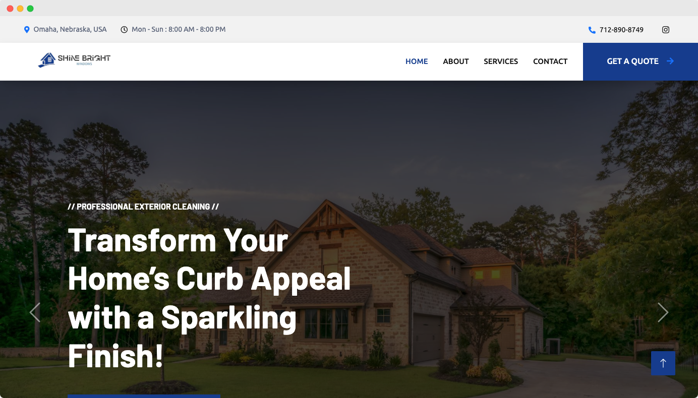 Screenshot of Shine Bright Exteriors website